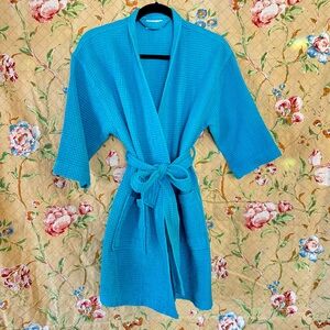Turquaz Linen Waffle Kimono Turquoise Short Robe Square Pattern w/ Tie & Pockets